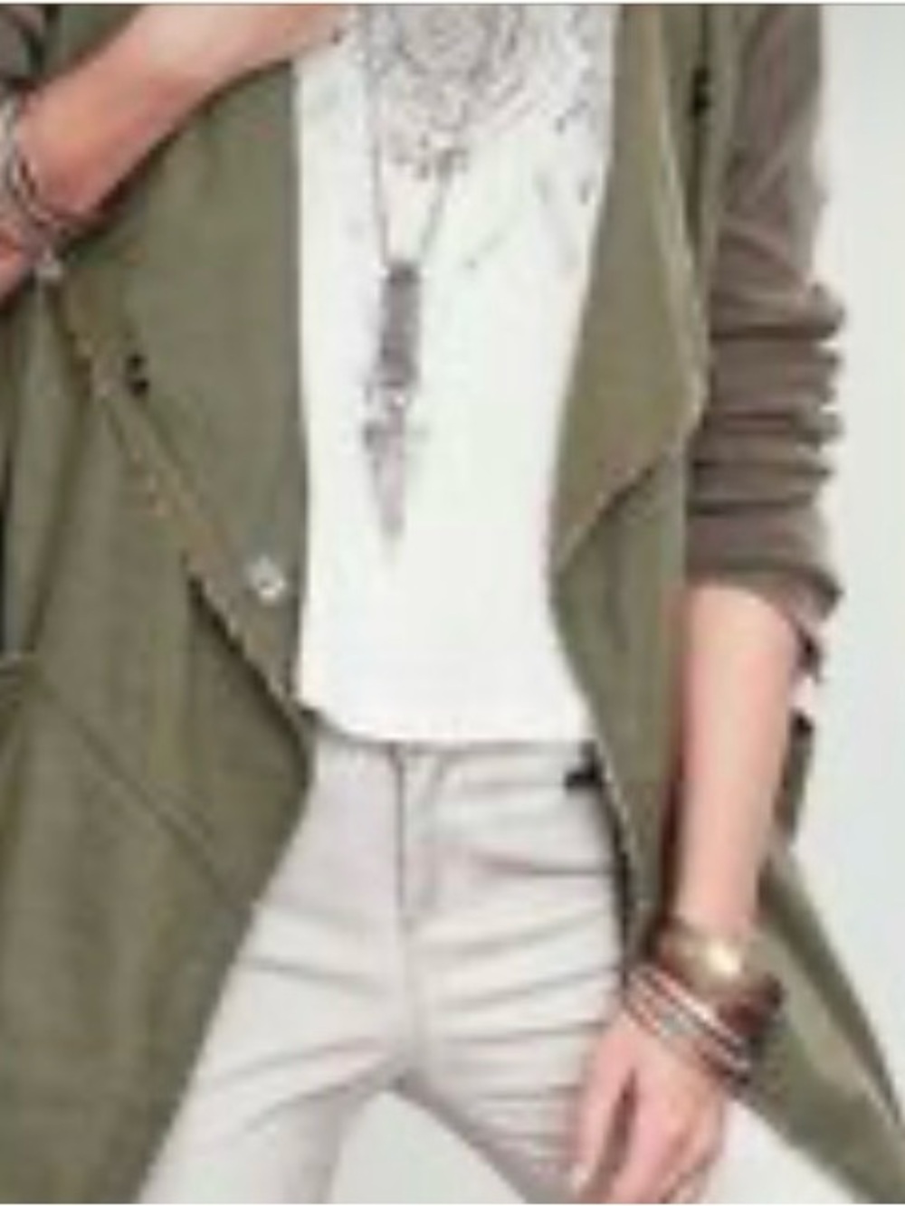 0269 Free People Olive Green Draped Open-Front Jean Jacket